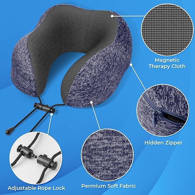 ExploreBliss Travel Pillow, Travel Pillows for Sleeping Airplane, Neck Pillow Airplane, Memory Foam Neck Pillow Set with Eye Mask, Earplugs and Storage Bag -Mottled Blue