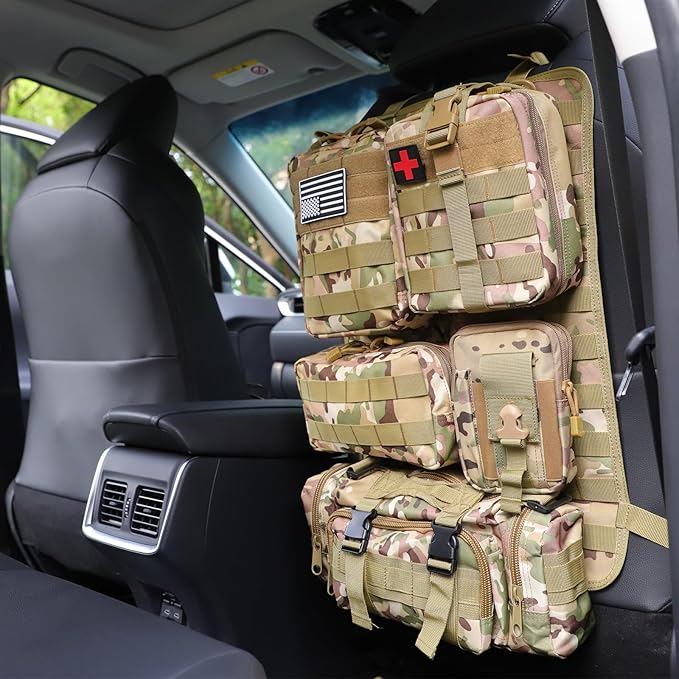 Universal Tactical Car Seat Back Organizer Bag Tactical Molle Vehicle Organizers Panel Vehicle Protector Organizers with 5 Detachable Pouches for Car Truck Ford Jeep (CP camo)