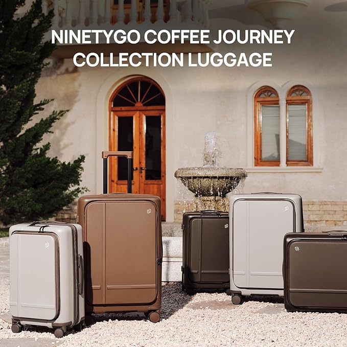 NINETYGO Carry On Luggage 22x14x9 Airline Approved, 20 Inch Suitcase with Front Compartment, Coffee-Infused PC Hard Shell, Eco-Friendly, Cup Holder, Clamshell, TSA Lock, Spinner Wheels (Latte)