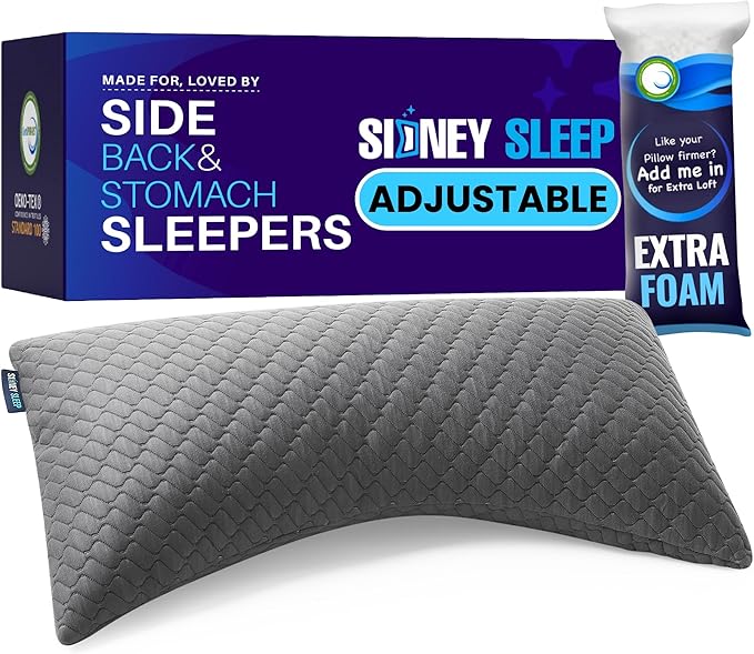 Sidney Sleep Pillow for Side and Back Sleepers - Comfort for Neck and Shoulder Pain - Adjustable and Customizable Shredded Memory Foam Filling - King Size - Additional Foam Fill Included (Grey)