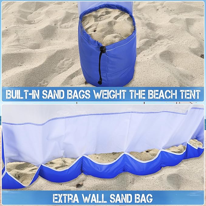 UPWELL Beach Tent Easy Set Up Canopy Sun Shelter Shade with UPF 50+UV Protection Portable Beach Umbrella Outdoor Sunwall with Sand Pockets for Fishing Backyard Camping (Blue)