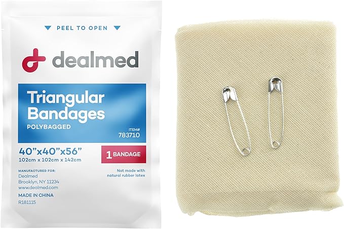 Dealmed Latex-Free Triangular Bandages – 12 Cotton Bandages with 2 Safety Pins, 40" x 40" x 56" Compression Bandage Wrap, Wound Care Product for First Aid Kit and Medical Facilities