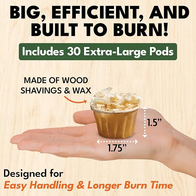 Superior Trading Fire Starter Pods in Resealable Packs - Fire Starters for Campfires, BBQ, Grill, Pit, Wood Stove & Charcoal Starter, 15-20-Min Burn, 30 Extra Large Pods, USA Made, Brown, 3.2 Lbs