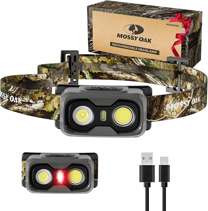 Mossy Oak 600 Lumens Rechargeable Headlamp, Lightweight LED Headlight with White & Red Light, Waterproof Head Lamp with Non-Slip Band, Dimmable & Memory Function for Camping, Running, Hiking, Outdoors