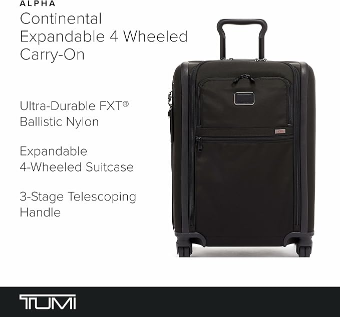 TUMI - Alpha Continental Expandable 4-Wheeled Carry-On Luggage - Compact Travel Suitcase - TSA Lock Tracer - Black