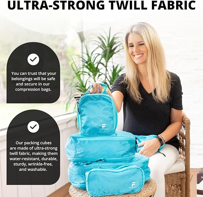 8 Piece Compression Packing Cubes Set - Double Capacity Design for Travel - Small, Medium & Large Sizes - Carry-On Suitcase Organizer Bags (Turquoise)