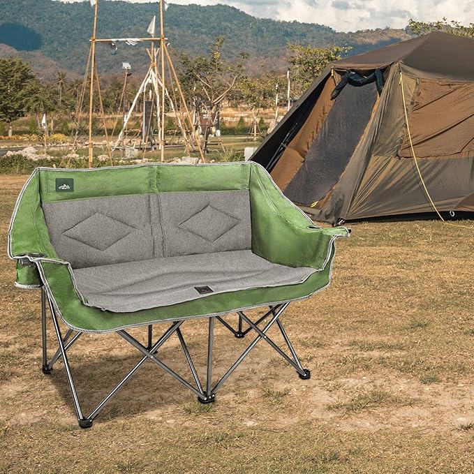 Northroad Folding Loveseat Camping Chair Portable Double Duo Full Padded Garden Chair for 2 Person Sofa w/ 2 Cup Holder,Wine Glass Holder,Mesh Storage,Support 600lbs for Picnic Beach Travel (Green)