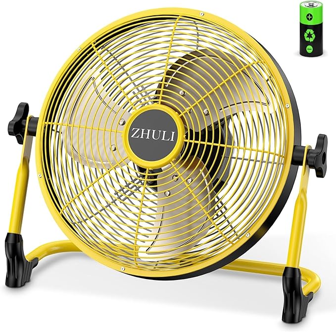 ZHULI 10" Portable Battery Operated Floor Fan, Rechargeable Cordless Camping Fan, Hi-Velocity Brushless Motor, Metal blade, USB Phone Charge, 8~60H Runtime, Quiet, Wireless, For Outdoor Home Workshop