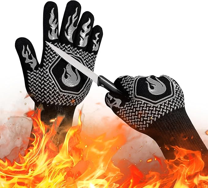 BBQ Fireproof Gloves, Grill Cut-Resistant Gloves 1472°F Heat Resistant Gloves, Non-Slip Silicone Oven Gloves, Kitchen Safe Cooking Gloves for Oven Mitts,Barbecue,Cooking, Frying,13.5 Inch-Grey