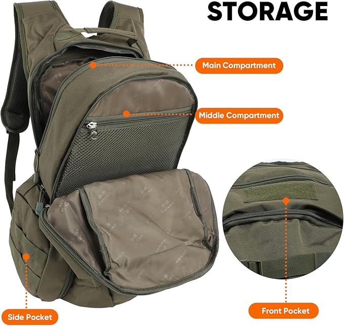 35L Tactical Backpack for Men, MOLLE Military Bug Out Bag, Waterproof Rucksack for Hiking with Hydration Port Army Green