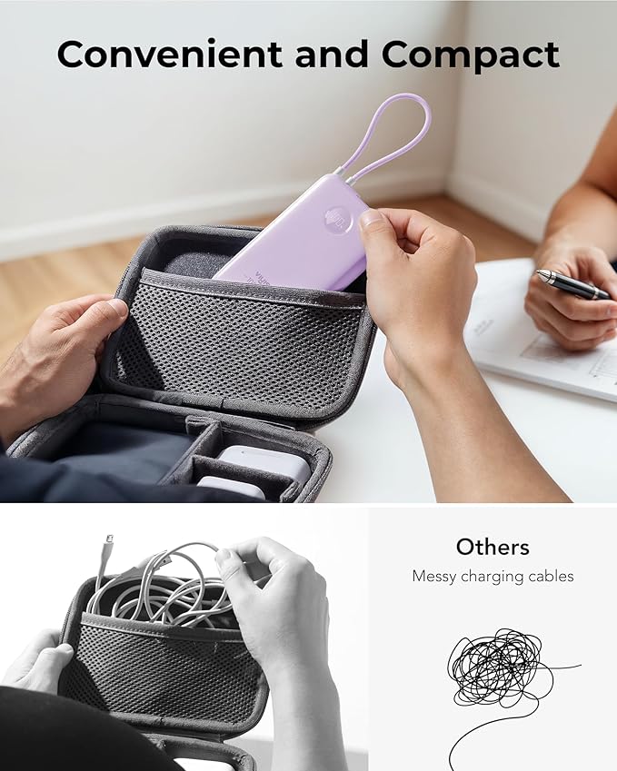 Slim Portable Charger 10000mAh, Travel Power Bank with Built-in USB-C Cable & LED Display, 22.5W Fast Charging Battery Pack Compatible with iPhone 16 15 Samsung S24 S23 -Purple