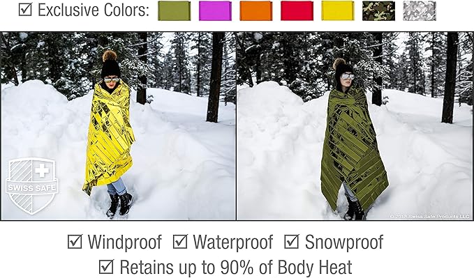 Swiss Safe 4 Pack Mylar Emergency Blankets for Survival - Compact & Insulated for Cold Weather - Designed for NASA, Outdoor, Running, Camping, Survival, First Aid Car Kit - Army Green, 4 Pack