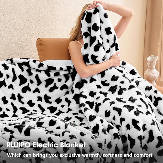 Cow Print Heated Electric Blanket Throw,50X60 Black Heating Blanket with 10 Heats Levels & 8 Hours Auto Off,Cute Cow Decor Stuff Soft Fleece Sherpa Blankets Warmer Gifts for Women Washable,ETL