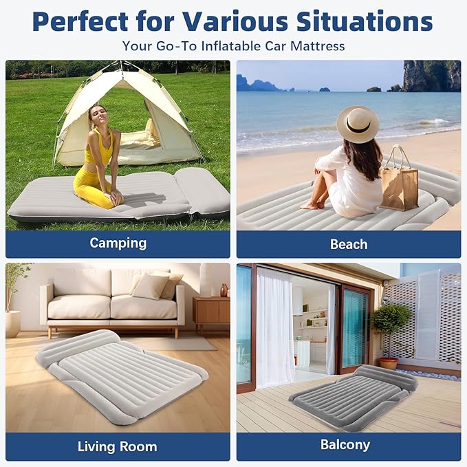 KMZ SUV Air Mattress Thickened Double Flocking Camping Mattress Upgraded Portable Sleeping Car pad Comfortable Inflatable Travel Bed with External Pump and 2 Pillows（Off-White and Light Gray）