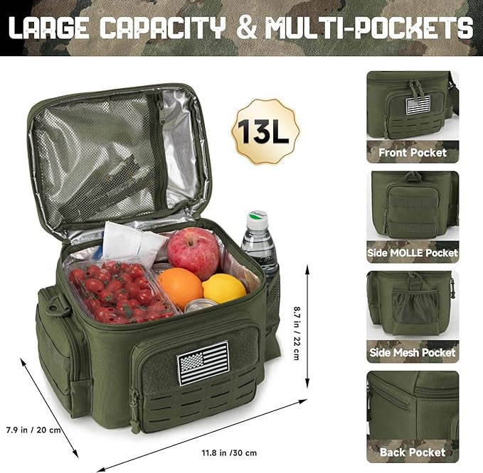 QT&QY Tactical Lunch Bag for Mens Military Heavy Duty Lunch Box Work Leakproof Insulated Durable Thermal Cooler Bag for Adult Meal for Office Camping Picnic Pail MOLLE Webbing Army Green