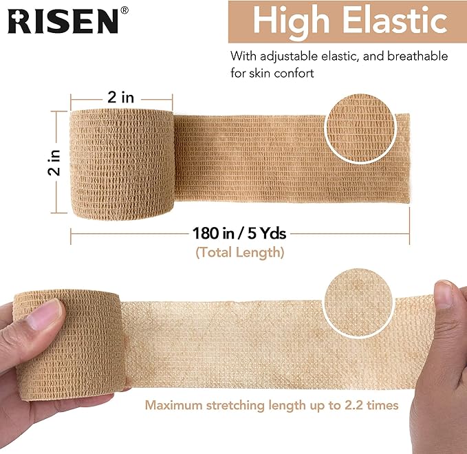 RISEN Cohesive Bandage 2” x 5 Yards, 6 Rolls, Self Adherent Wrap Medical Tape, Adhesive Flexible Breathable First Aid Gauze Ideal for Stretch Athletic
