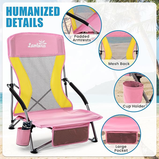Lamberia Folding Beach Chair for Adults, Portable Low Beach Chairs with 300lbs Capacity, Lightweight Fodable Camping Chair for Travel, Picnic, Concert & Outdoor Activities, Pink-Yellow