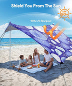 Beach Tent Sun Shelter, 10 x 10 FT Beach Canopy Tent Sun Shade, UPF50+ Tents Canopy with 8 Sandbags & 4 Stability Poles, Outdoor Tents for Camping Fishing, Jellyfish