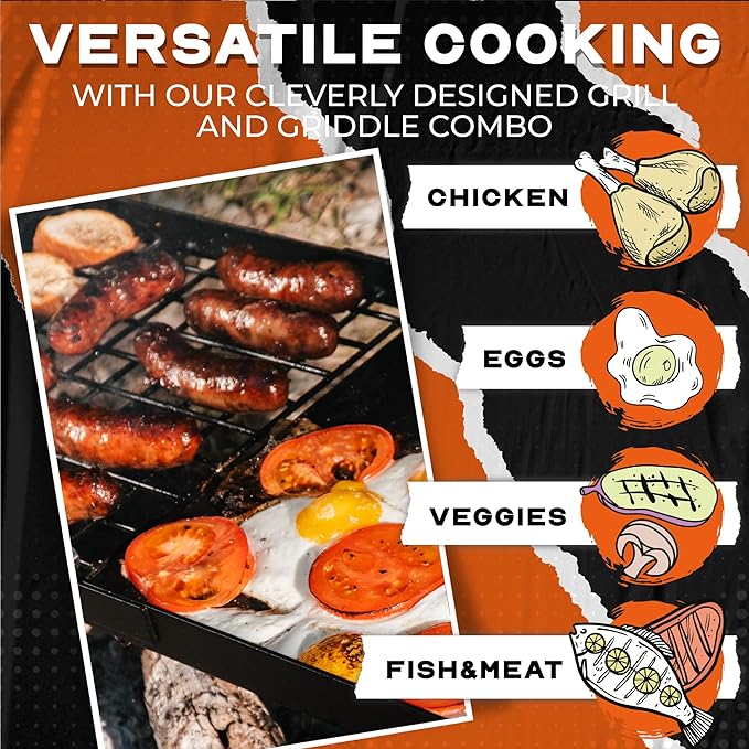 24" Heavy Duty Folding Campfire Grill, Compact Swivel Grill Design, Food-Safe Cooking Surface, Grate & Griddle for Campfire Cooking, Australian Owned