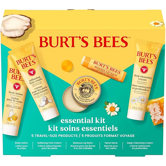 Burt's Bees Mothers Day Gifts Ideas - Essentials Everyday Set, 5 Travel Size Products - Deep Cleansing Cream, Hand Salve, Body Lotion, Foot Cream and Original Lip Balm