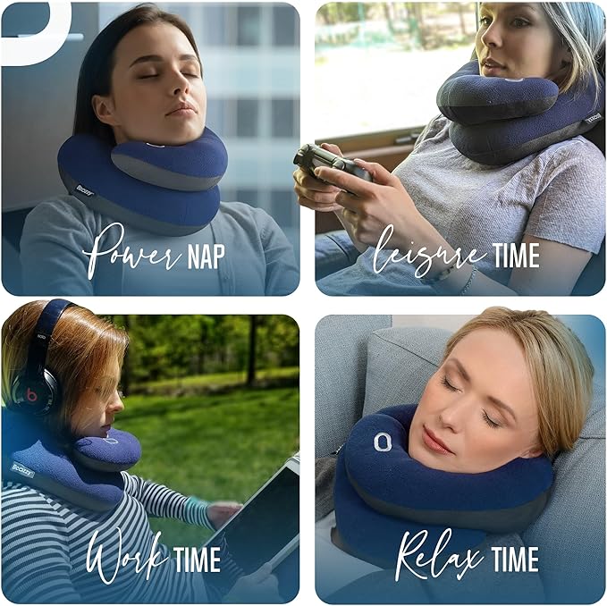 BCOZZY Organic Cotton Double Support Neck Pillow for Travel - 3 Ergonomic Positions for Head, Neck, and Chin Comfort - Ideal for Sleeping Upright on Flights, Cars, and at Home – Large, Navy