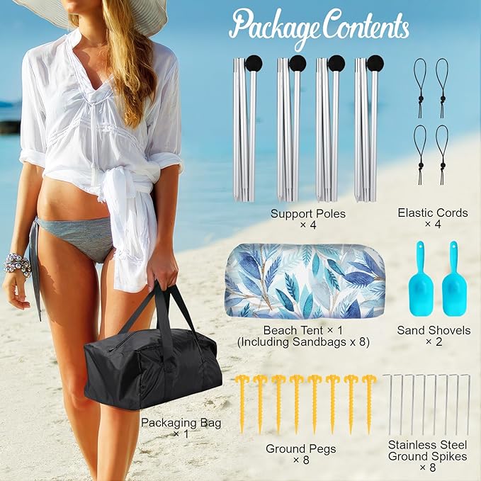 Rhino Valley Beach Tent Shade Canopy UPF50+ Protection, 8 Sandbags, 4 Stability Poles, Outdoor Sun Shelter Umbrella for Sand, Camping, Fishing Essentials