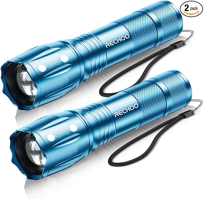 RECHOO LED Flashlight 2 Pack Blue, Tactical Flashlights High Lumens with 3 Modes, Pocket Small Flash Light, Waterproof Zoomable Flashlights for Home Emergency, Camping Essentials (Battery Included)