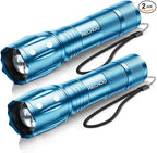 RECHOO LED Flashlight 2 Pack Blue, Tactical Flashlights High Lumens with 3 Modes, Pocket Small Flash Light, Waterproof Zoomable Flashlights for Home Emergency, Camping Essentials (Battery Included)