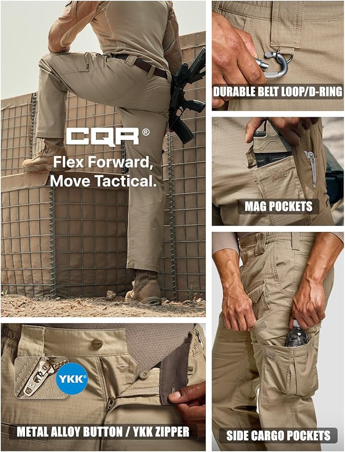 CQR Men's Flex Ripstop Tactical Pants, Water Resistant Stretch Cargo Pants, Lightweight EDC Hiking Work Pants