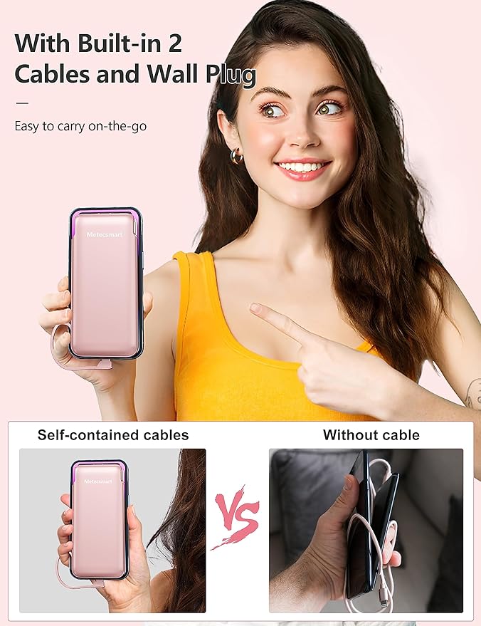 2-Pack 10000mAh Phone Portable Charger Power Bank, Built in Cable and AC Wall Plug, Fast Slim USB C Charging Battery Pack Travel Essentials Compatible with iPhone, Android, Black & Pink