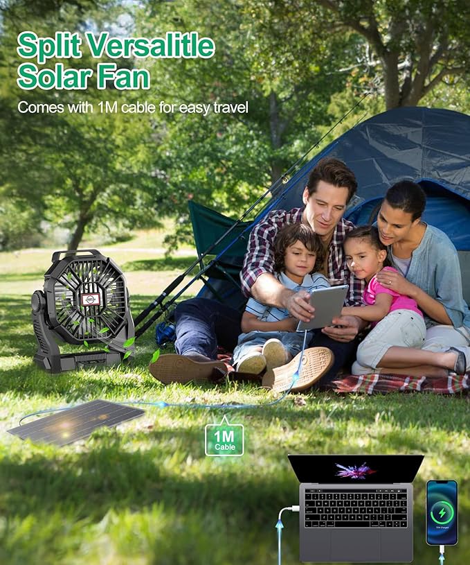CONBOLA Solar Fans for Outside,Camping Fan, Portable Fans Rechargeable 9-Inch Battery Powered (180Hrs) LED Lantern, USB C Battery Beach Fan.