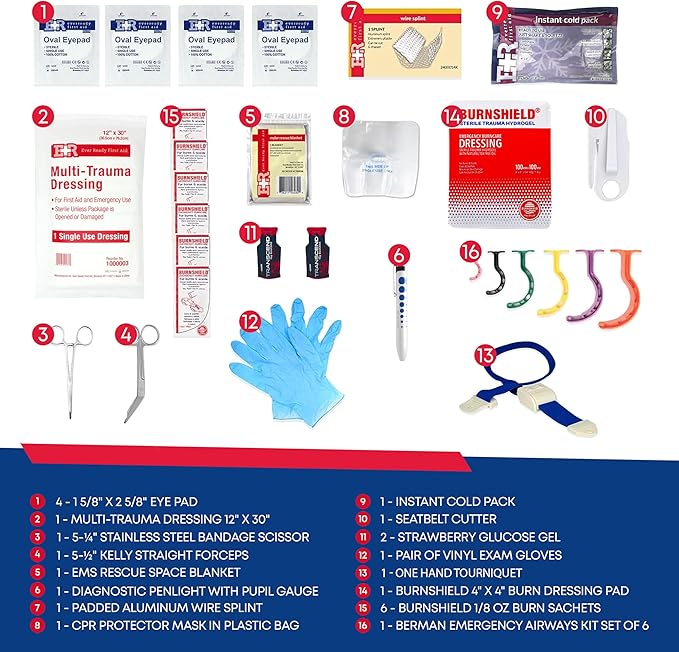 First Responder Trauma First Aid Kit Bag – Fully Stocked Emergency Medical Kit for Workplace, Vehicle & Home – OSHA & ANSI Compliant – Portable – Blue