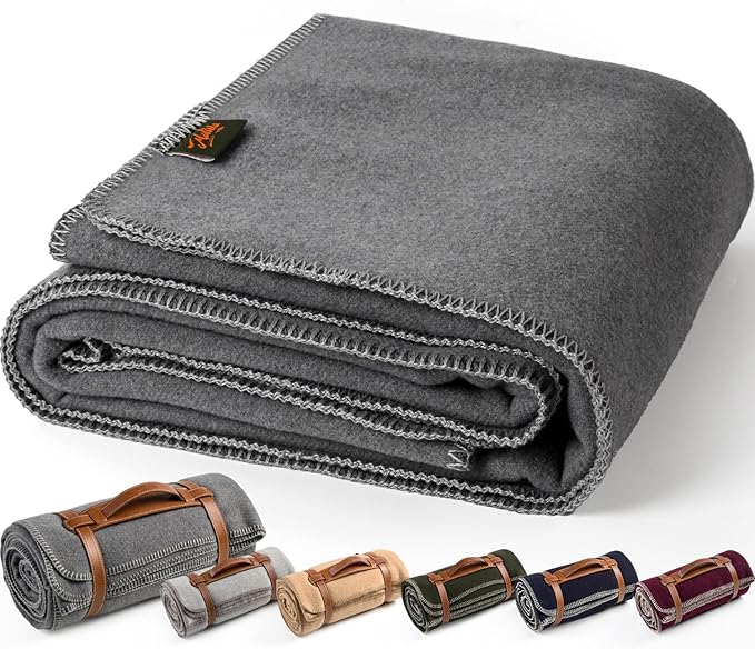 Merino Wool Blend Camping Blanket Ultra Warm, Moisture Wicking, Portable Outdoor Blanket for Camping, RV Trips, Adventures, Picnic, Bushcraft Survival Kits, Large 86"x62"