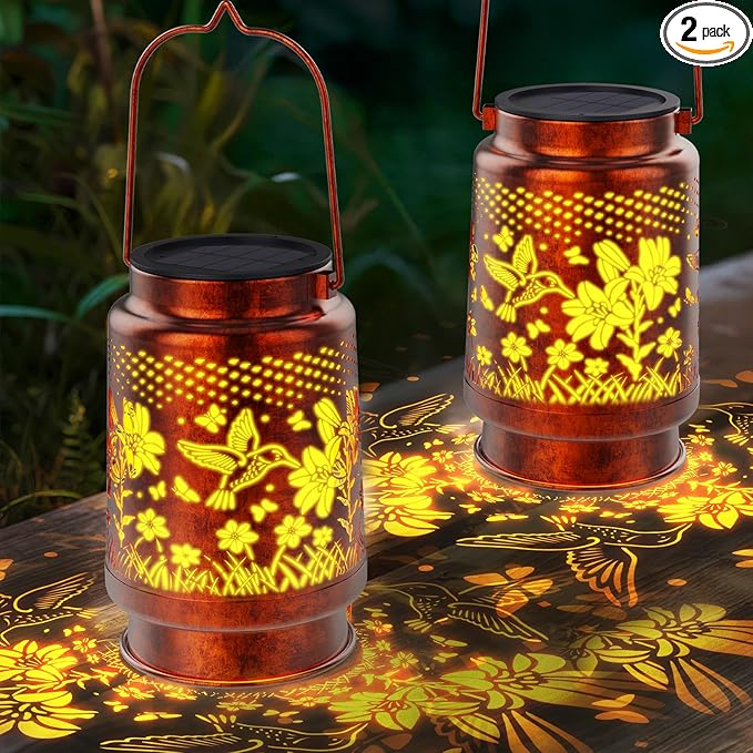Solar Lanterns Outdoor Waterproof Hummingbird 2 Pack, Birthday Gifts for Women Mom Grandma, Garden Decor Hanging Solar Lights Outdoor Metal Lantern Decoration Outside for Yard, Patio