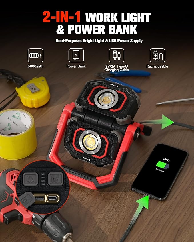 Rechargeable Magnetic Work Light – Dual Beam Design & Oil-Resistant Body, 360° Rotating with Dual Stands for Hands-Free Lighting in Garage, Workshop & Emergencies (Red)