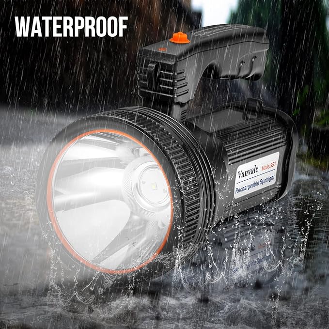 Rechargeable Searchlight Handheld LED Tactical Flashlight with Handle Spotlight High-Power Super Bright Torch with USB Output Torch (Black)