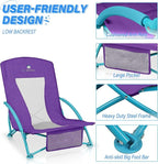 Low Beach Chairs 2 Pack,Folding Compact Low Seat Chairs for Adults w/Mesh Back & Storage Bag,Heavy Duty Chair for Outdoor Sand,Travel,Camping,Picnic,Purple