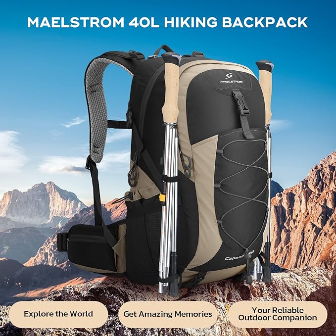 Maelstrom Hiking Backpack,Camping Backpack,40L Waterproof Hiking Daypack with Rain Cover,Lightweight Travel Backpack,Khaki