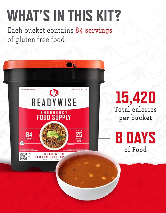 ReadyWise Emergency Food Supply - 84 Servings Gluten Free Survival Food Bucket, Dehydrated Meals & Freeze Dried Food for Backpacking, Camping Essentials & Emergency Supplies, up to 25 Year Shelf Life