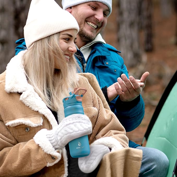 IDEUS Insulated Stainless Steel Water Bottle with 2 Leak-Proof Lids, Thermal Water Flask for Hiking Biking, 24oz, Blue Atoll