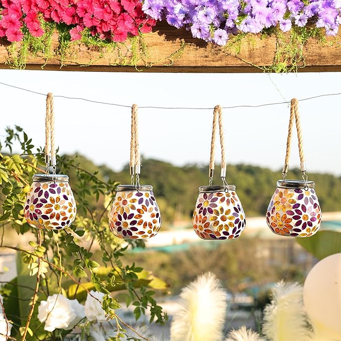 Cooo 2 Pack Mosaic Solar Lantern Outdoor Waterproof IP68 Hanging Projection Light Hidden Lid Pear-Shaped Lantern with Rope Handle Solar Powered Auto On for Patio Garden Fence Table -Petal Mirage