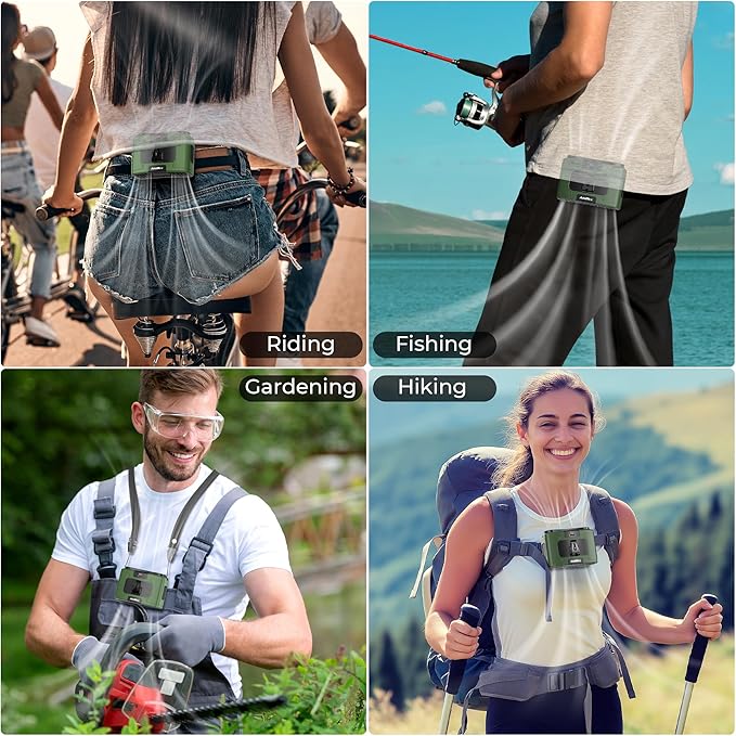 Portable Waist Fan, 20000mAh Battery Operated, Clip On Belt & Rechargeable, 10 Speeds 16000RPM Strong Airflow, Max 40H Working Time, Personal Shirt Fan for Outdoor Jobsite Camping Travel