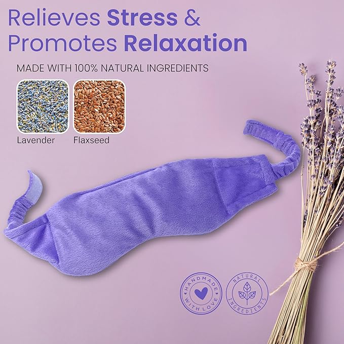 Weighted Lavender Eye Mask - Microwavable Sleep Mask with Natural Lavender & Flaxseed for Stress Relief, Headaches, Dry Eyes, Migraine Relief - Adjustable Strap, Soft & Reusable