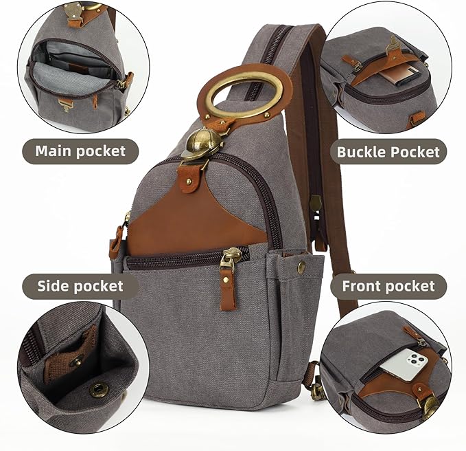 KouLi Buir Canvas Sling bag,Small Crossbody Backpack,Convertible Chest Bag Casual Daypack For Outdoor Cycling Hiking Travel (B3611-D.Grey-N)