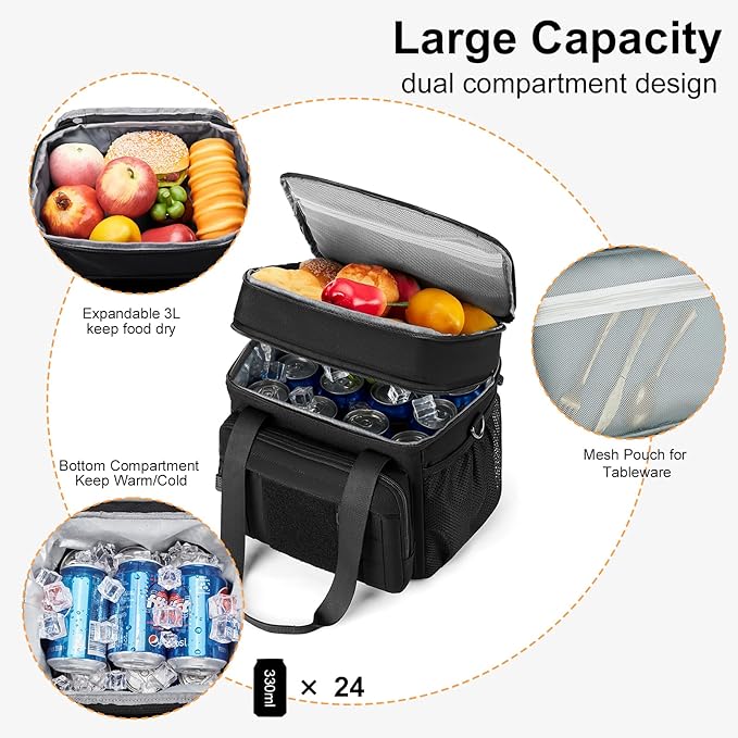 Expandable Large Tactical Lunch Box for Adults, Heavy Duty Durable Lunch Cooler Bag with MOLLE Lunch Pail for Work Camping Fishing Picnic (Black, 16L)