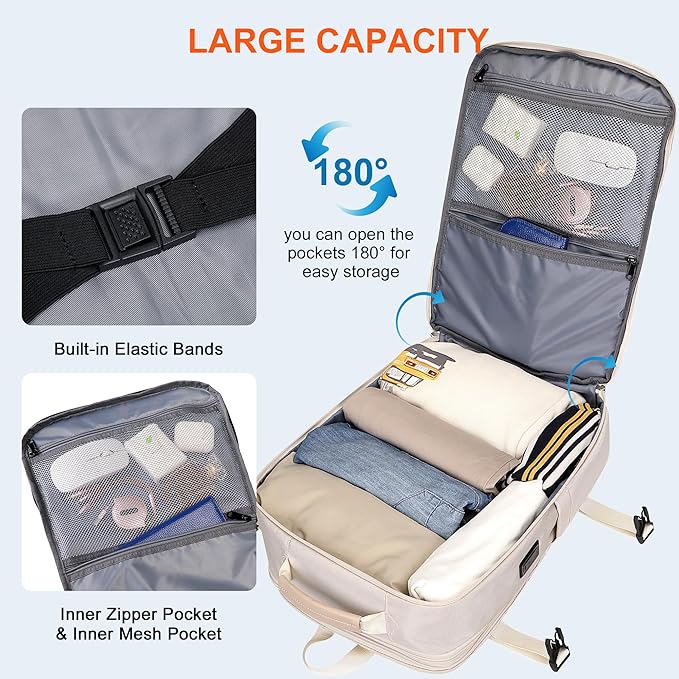 PIJUSHI Travel Backpack for Women Expandable Carry on Luggage Backpack Airline Approved Personal Item Laptop Bag(PE034 Beige)