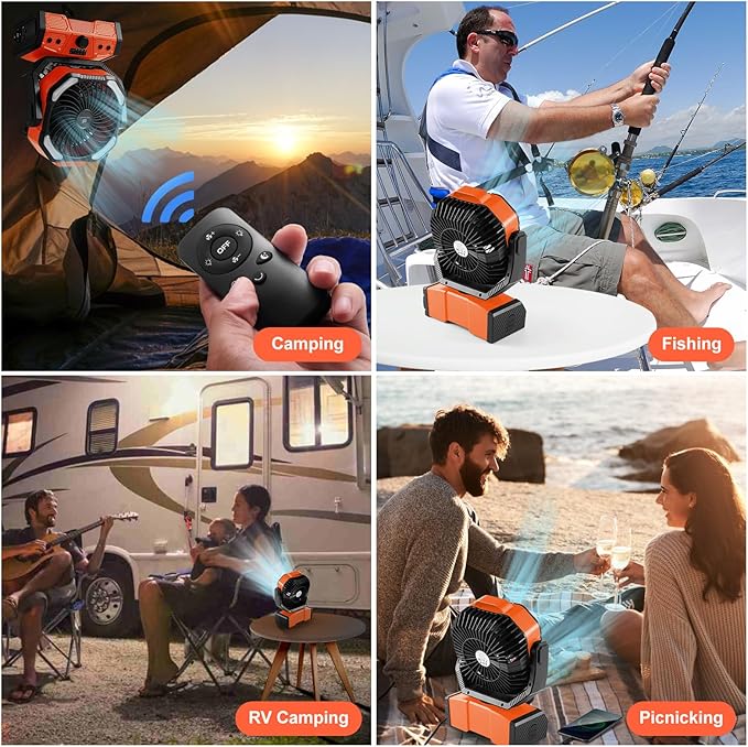Odoland 40000mAh Camping Fan with LED Light, Battery Operated Oscillating Desk Fan with Remote & Hook, Rechargeable Outdoor Tent Fan with Timer for Hurricane Power Outage Travel Jobsite RV, Orange