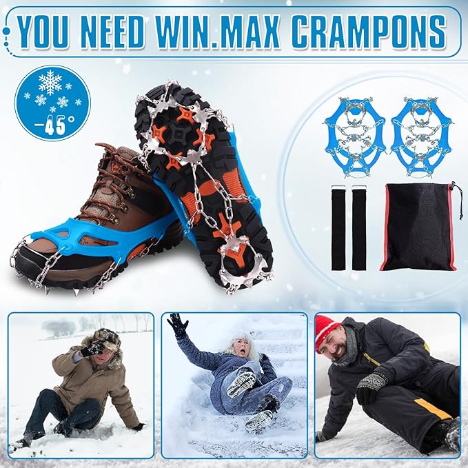 WIN.MAX Crampons for Shoes, Traction Cleats Ice Snow Grips with 19 Stainless Steel Spikes, Shoe Talons Anti - Slip Boots Spikes for Walking, Jogging, Climbing and Hiking