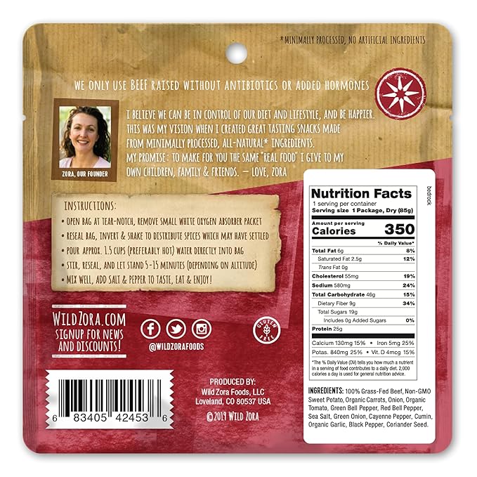 Wild Zora Paleo Freeze Dried Meals for Backpacking & Camping - Healthy Gluten Free & Grain Free Camping Meals/Backpacking Food + No Added Sugar - Great for Travel (Bedrock Beef Chili 2-pack)