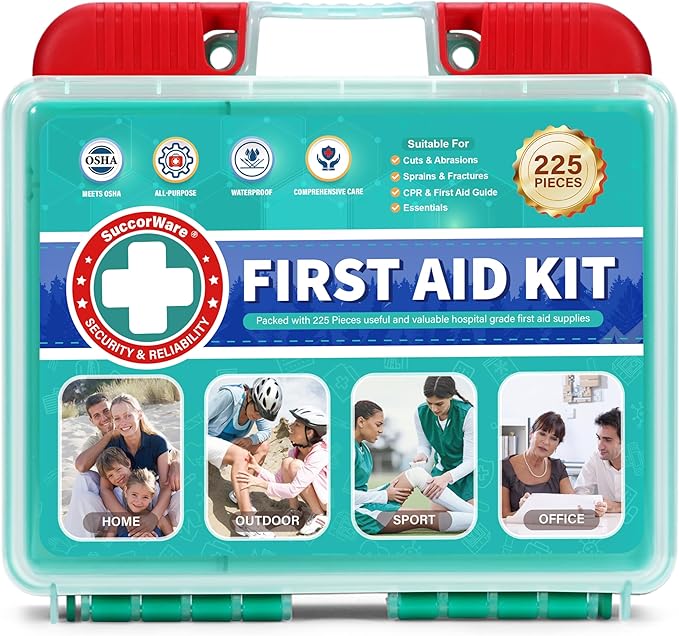 225 Pieces Portable Emergency First Aid Kit for Minor Wound Care, Includes Adhesive Bandages, Wound Gauze Pads, Ideal for Home, Car & On-The-Go